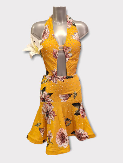 Malianna, yellow printed flower latin dance dress design, size S/M in stock