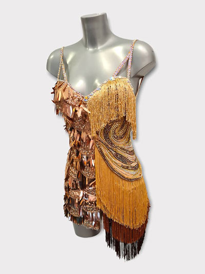 Daiana, sparkling original gold latin dance dress with grading tone fringes, in stock size S/M