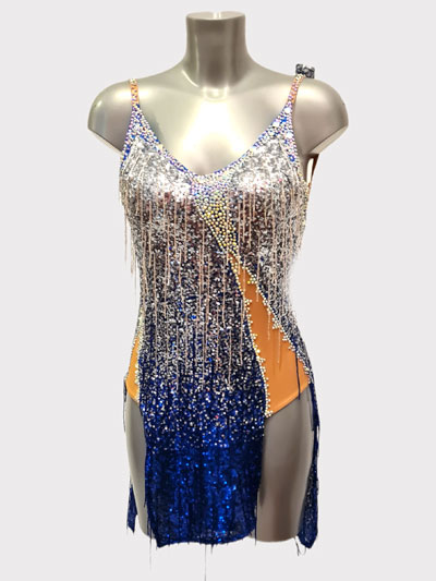 Bianna, beautiful shiny blue to silver latin dance dress, size S/M in stock