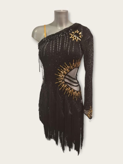 Viviana latin black leopard and gold dance dress, size S/M/L