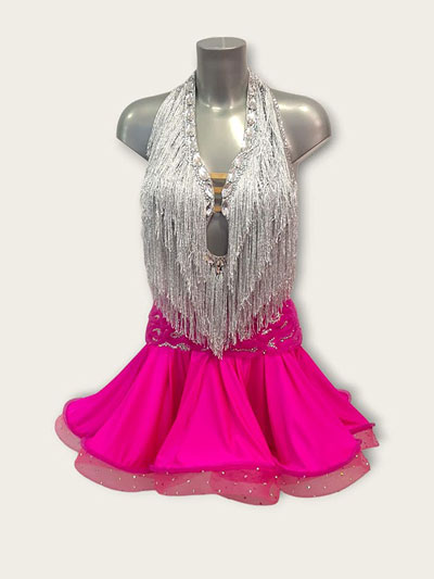 Miranda, silver fringes and fuchsia dress