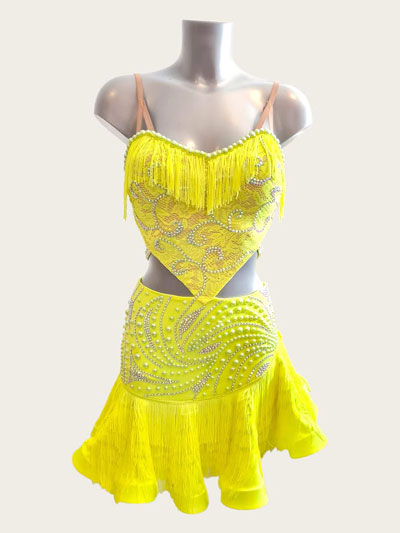 Neo yellow latin fringe dance dress