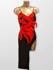 Valeria, latin long style red coq feather dance dress, size S/M in stock
