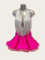 Miranda, silver fringes and fuchsia dress
