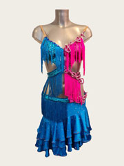 Nova blue and fuchsia latin fringe dance dress